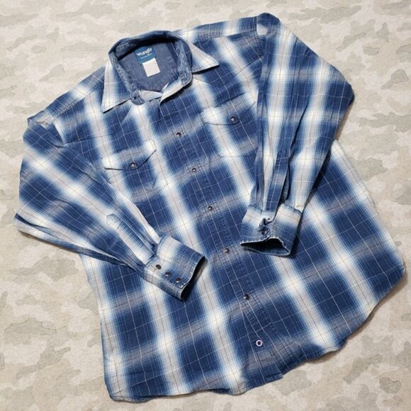 Wrangler Shirt Mens XL Blue Pockets Pearl Snap Long Sleeve Rodeo Cowboy Western - Picture 2 of 16